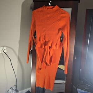 Fashion Nova Orange Ribbed Long-Sleeve Sweater And Skirt Set